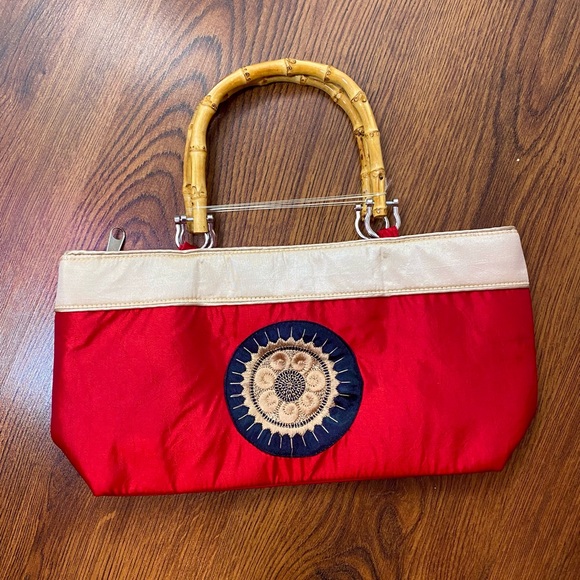 🌹 Fibonacci Sun Embroidery Red & Gold Satin Handbag with Bamboo Handles 🌹 NWT - Picture 2 of 6
